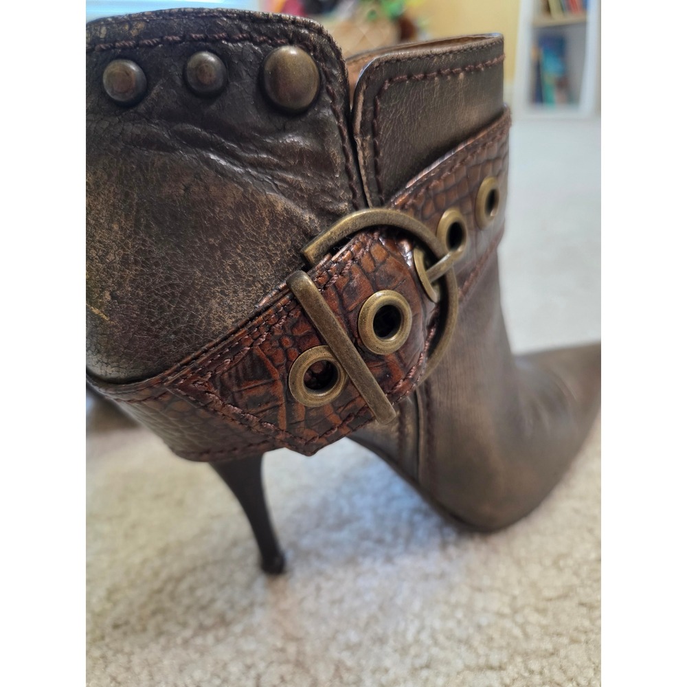 Carlos by Carlos Santana Bronze Metallic Leather Buckle‎ Ankle Boots Pointed Toe - Picture 6 of 14